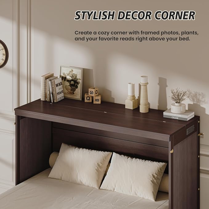 Bellemave Queen Murphy Bed with Charging Station and Storage, Farmhouse Murphy bedframe with Foldable Panel, Noisy Free, for Guest Bedroom, Living Room, Coffee