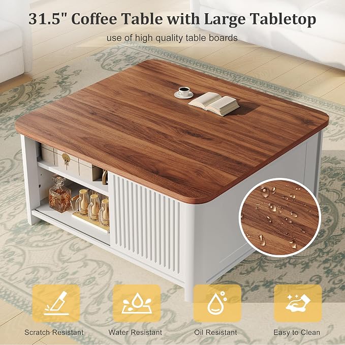 Decofy Lift Top Coffee Table with Storage Mid Century Modern Square Coffee Tables for Living Room, Large Hidden Storage Compartment, Adjustable Shelves & Sliding Door
