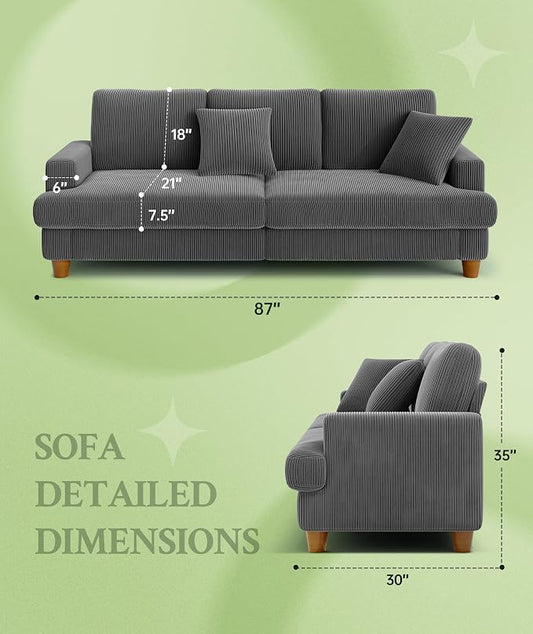 Welzona 87.2" Couches for Living Room, Comfy Grey Couch 7.5" Extra Thick Cushion, Sofas for Living Room Tool-Free Setup, Loveseat Sofa 848lbs Support, Corduroy Couch for Bedroom, Apartment, Office