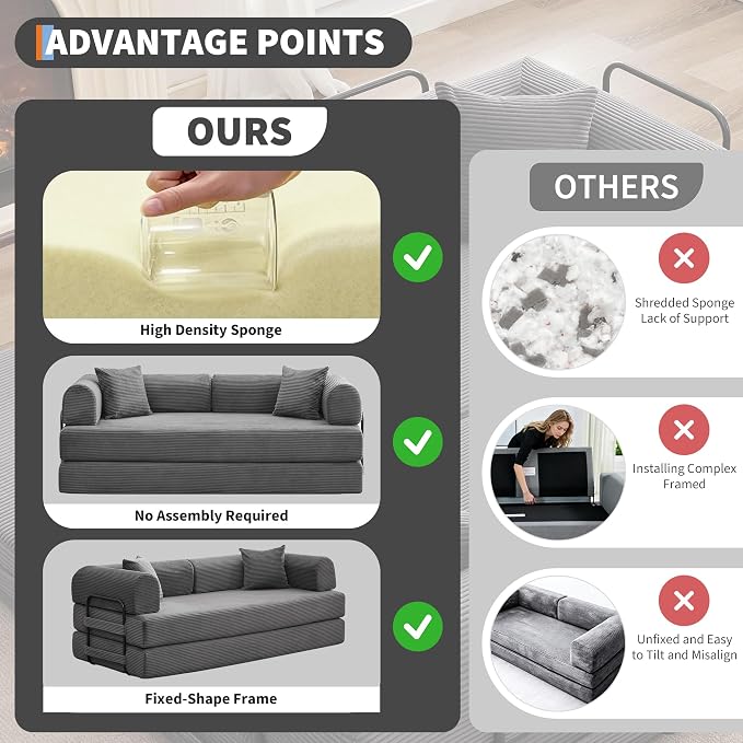 IDEALHOUSE 4 in 1 Convertible Sleeper Sofa Bed Couch, 79 Inch Boneless Corduroy Floor Couch with Pillows, No Assembly, Modern Deep Seat Sofa Futon Mattress for Living Room,Apartment,Gray