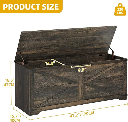 DWVO Storage Bench, 47.2" Farmhouse Storage Chest with 2 Safety Hinges, Wooden Storage Organizer, Shoe Bench for Entryway, Bedroom, Living Room, Dark Rustic Oak