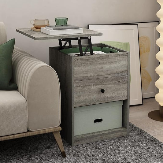 Furinno Jensen Lift Top Nightstand, French Oak Grey