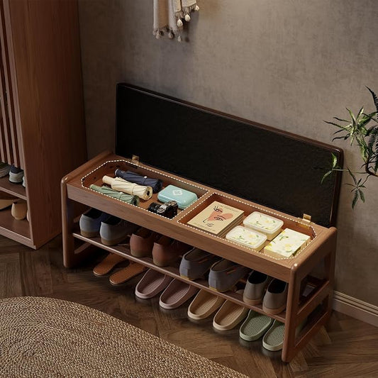 AQIMUELE Shoe Rack Bench,2 Tiers Shoe Bench with Storage with Flip-Top,Wood Shoe Rack for Entryway,Hallway(Dark Walnut Upholstered Seat,11.8" D x 39.3" W x 15.7" H)