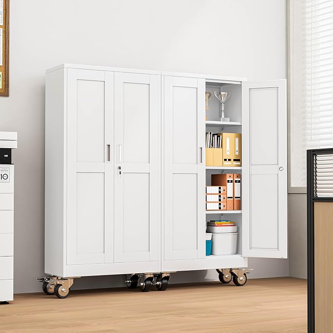 Metal Garage Storage Cabinet, 61”Tall Rolling Utility Cabinet White | storage system with Wheels, Lock, 3 Adjustable Shelves, Heavy Duty Steel Tool Locker for Home Office, Utility Room, Gym