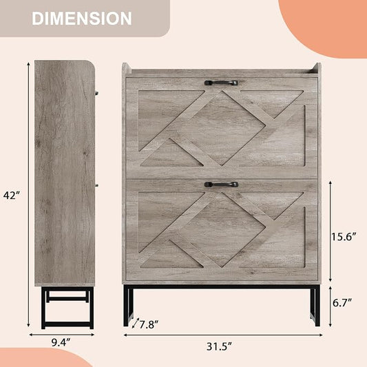 Nicetree Shoe Storage Cabinet with 2 Flip Drawers, Freestanding Shoe Organizer, Shoe Cabinet with Metal Legs, Narrow Shoe Rack Cabinet, Farmhouse Slim Shoe Cabinet for Entryway, Hallway, Rustic Gray