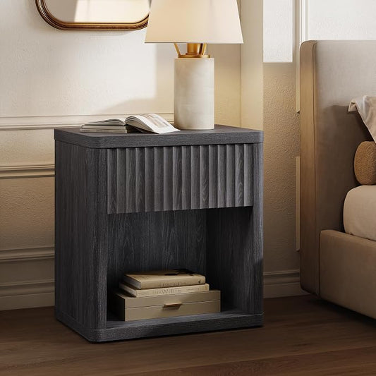 SICOTAS Night Stand Set of 2 Nightstands with Drawer Storage Fluted Bed Side Table End Table Large Modern Wide Bedside Mid Century Night Stands for Bedroom Living Room Sofa Office, Dark Grey Alder
