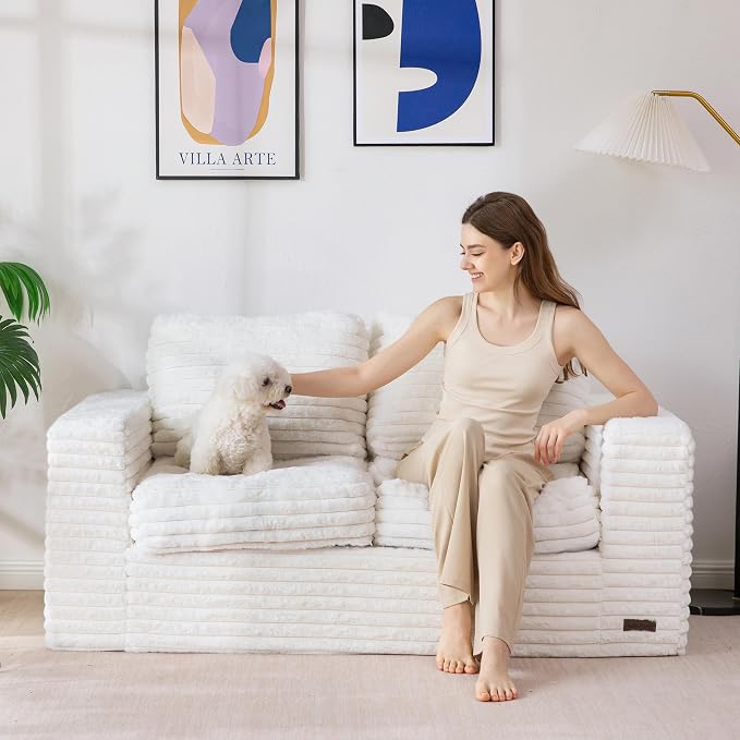 MAXYOYO Boneless Loveseat Sofa Couch for Adults, Floor Bean Bag Couch Sofa | Faux Fur Sofa with Armrests and Back Support, Plush Foam Filled Lounge Couch, Cozy Bean Bag Couch for Living Room, Apartment