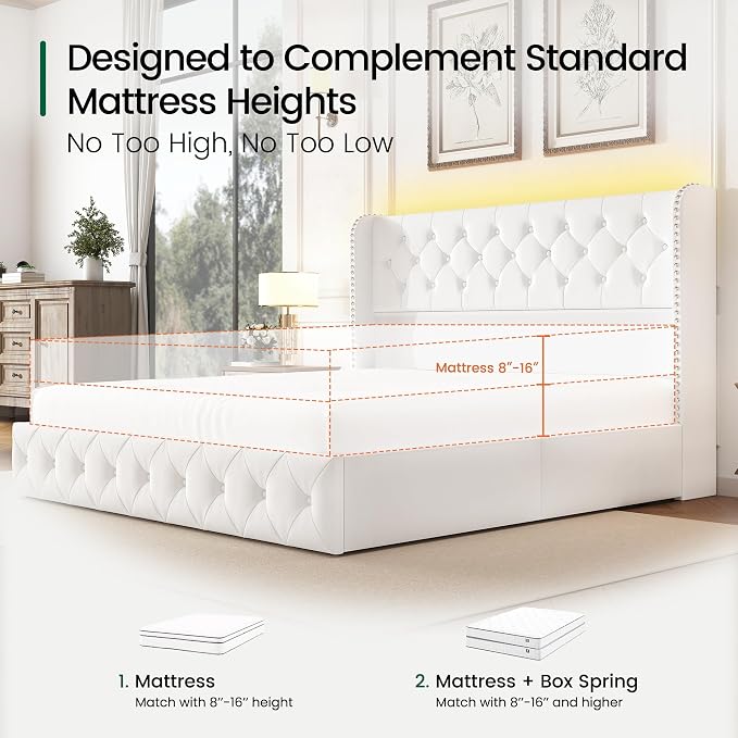 LARMACE King Size Bed Frame with LED Lights and 4 Storage Drawers Velvet Upholstered Platform Bed Frame with 47.2" Tall Tufted Headboard Wingback, No Box Spring Needed, Easy to Assemble, White