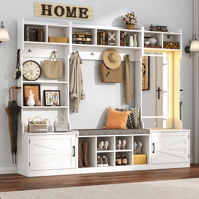 86.6''W Extra Large Farmhouse Hall Tree with Mirror Bench and Shoe Storage,Entryway Bench with Coat Rack,6 Shoe Cubbies & Umbrella Holder and Storage Cushioned Stool,Mudroom/Hallway Storages Cabinet
