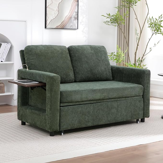 3 in 1 Folding Convertible Sleeper Sofa Bed Pull Out Couch with Side Pockets USB Port Side Table Loveseat Sofa Bed with Adjustable Backrest for Living Room Bedroom 66" DarkGreen 2 SEAT