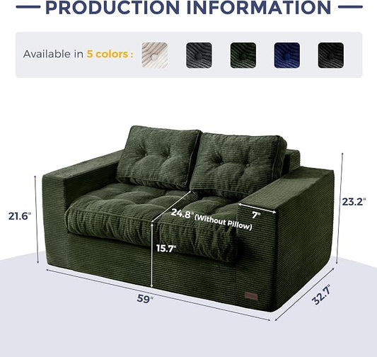MAXYOYO Loveseat Sofa Couch, Upholstered Bean Bag Chair Cloud 2-Seat for Adults, Boneless Couch with Tufted Cushion & Pillows, Sofa in A Box, No Assembly Required, Dark Green