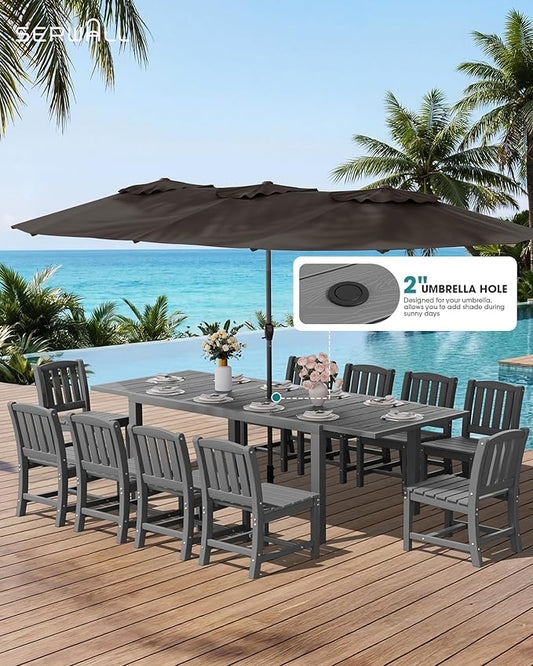 SERWALL Outdoor Patio Dining Set for 6, Grey | 60" - 83" Expandable Outdoor Dining Table and 6 HDPE Chairs, All Weather Material Outdoor Furniture Set Backyard, Garden