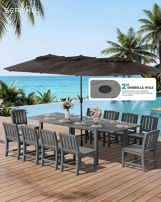 SERWALL Outdoor Patio Dining Set for 8, Grey | 60" - 83" Expandable Outdoor Dining Table and 8 HDPE Chairs, All Weather Material Outdoor Furniture Set Backyard, Garden
