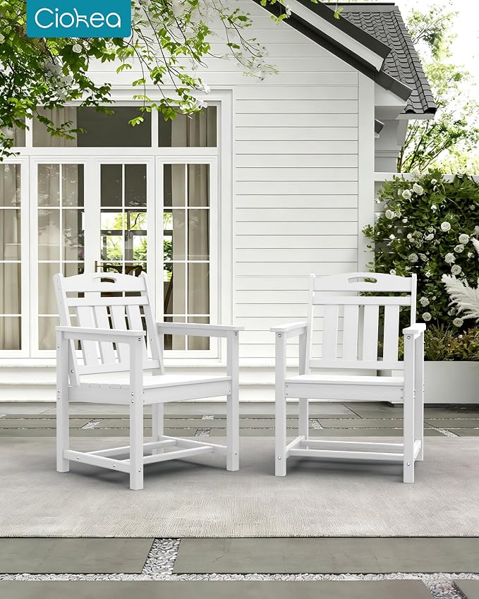 Ciokea Outdoor Patio Dining Chair, HDPE Oversized Porch Chairs with Wide Seat, All-Weather Durable Heavy-Duty Outdoor Furniture for Backyard, Poolside, Lawn & Garden, White