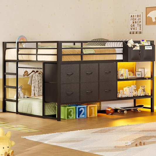 Full Over Twin Bunk Bed with 6 Drawers, Metal Frame Bunk Bed with LED Lights, Convertible Storage Bunk Bed with Extra-High Guardrails & Non-Slip Ladder, 2-Way Installation,for Teens, Black