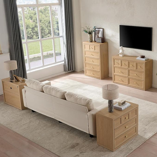 4 Piece Bedroom Set - Includes 6 Drawer Dresser, 5 Drawer Wood Dresser and 3 Drawer King Size Nightstands Set of 2 with Charging Station, 4 Piece Farmhouse Dresser and Nightstand Sets,Natural