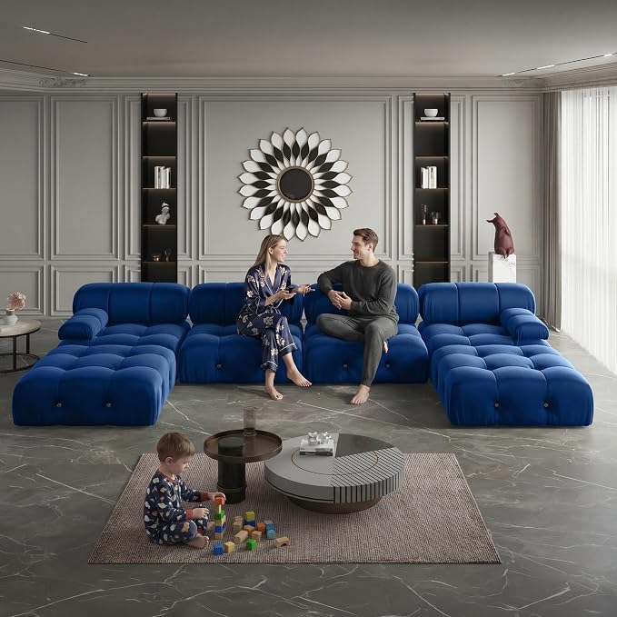 Modern Velvet Sectional Sofa, U Shape Minimalist Modular 6-Seater Couch with 2-Ottomans for Living Room Office Apartment (138in/Blue)