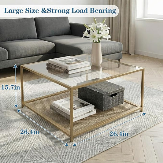 Gold Glass Coffee Table, Square Coffee Tables with Storage Shelf, Simple Tea Cocktail Modern Center Tables for Small Space, Living Room, Easy Assembly, 26 * 26in(Gold)