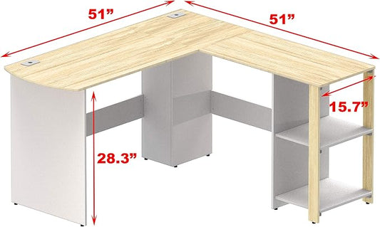 SHW 51 x 51 Inches L-Shaped Home Office Wood Corner Desk wtih Storage, Oak