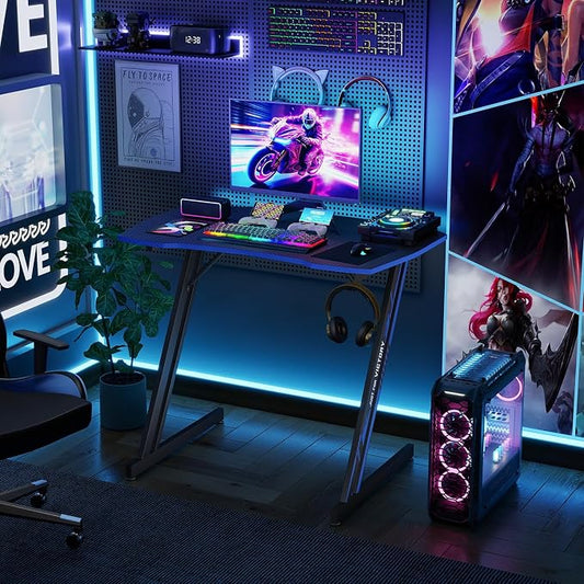 BestOffice Gaming Desk 35 in PC Computer Desk Z Shaped Gaming Workstation Ergonomic Gaming Table with Headphone Hook for Home Office,Black&Blue