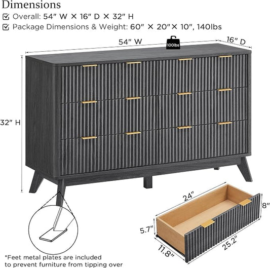 T4TREAM Fluted 6 Drawers Dresser, 54" Wide Modern Chest of Drawers, Curved Profile Design, Dresser TV Stand, Wood Drawer Organizer for Bedroom, Living Room, Hallway, Dark Alder