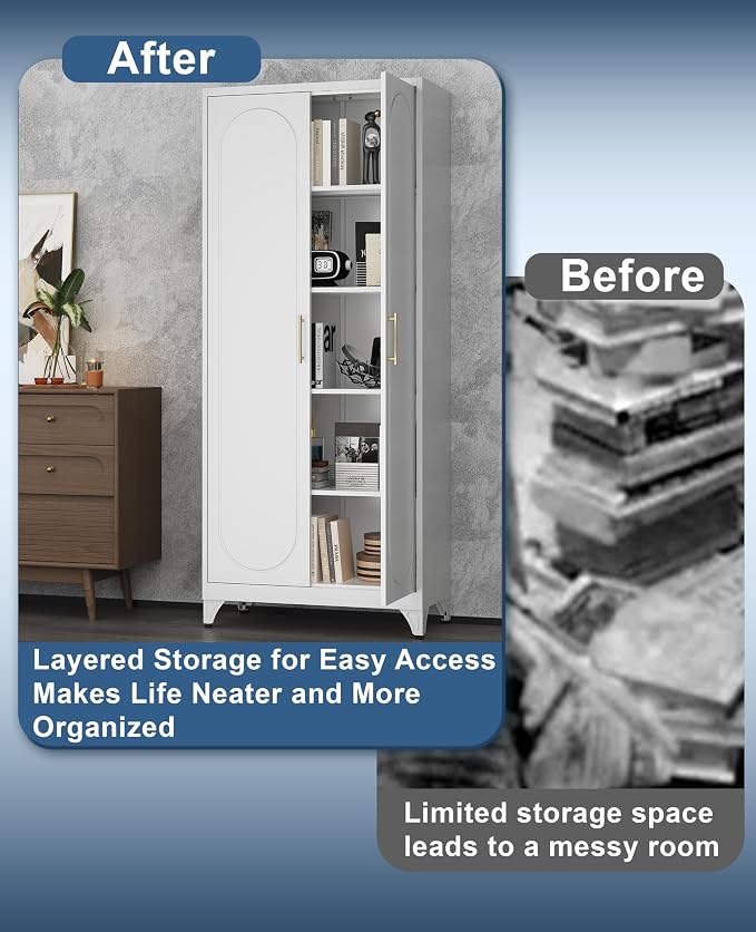 75" Tall Metal Storage Cabinet with 2 Doors and 4 Adjustable Shelves, Heavy Duty Steel Pantry Cabinet for Home Office, Kitchen, Garage and Laundry Room, White