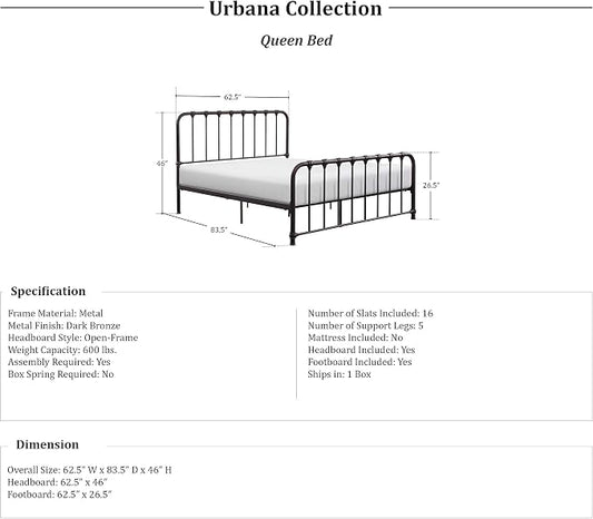 Lexicon Queen Metal Bed Frame, Platform Bed with Strong Metal Slat Support Under Bed Storage, Queen Bed Frame with Headboard, No Box Spring Needed, Easy Assembly, Queen, Dark Bronze