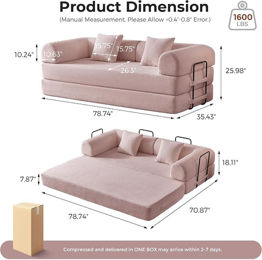 79" 5-in-1 Convertible Sofa Bed No Assembly, Boneless Couch Bed with High Density Foam, Foldable Sleeper Sofa, Corduroy Modular Couch for Apartment, Studio, Dorm Room, Small Space,Pink