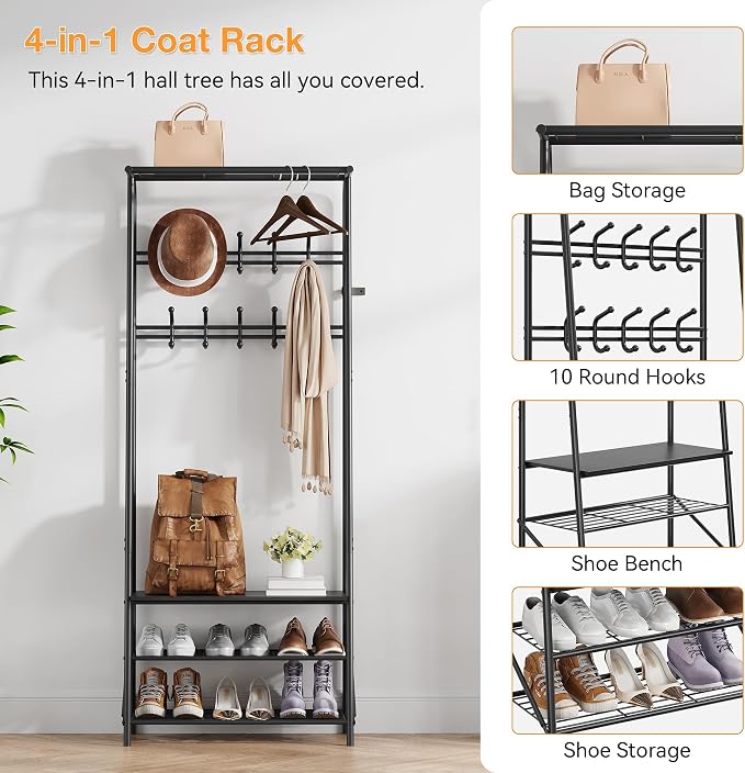 Jojoka Coat Rack Hall Tree with Shoe Storage Bench, 4-in-1 Entryway Organizer with 10 Hooks & 3-Tier Shoe Rack, Sturdy Metal Frame Freestanding Storage Unit for Hallway (Black-Double Row, 25.2in)