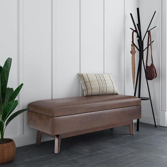 SIMPLIHOME Owen Rectangular Storage Ottoman - 48 inch Wide Upholstered Vegan Leather Lift-Top Ottoman in Distressed Chestnut Brown, Mid-Century Modern Ottoman for Living Room with Tufted Detail