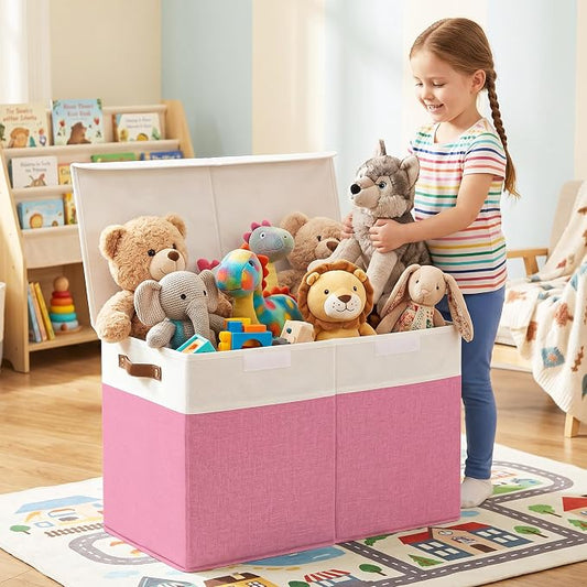 Bagnizer Large Toy Storage Box with Lids, Collapsible Sturdy Baby Storage Organizer Chest Bin Basket for Kids, Boys, Girls, Playroom, Nursery, Bedroom, Closet 25"x13"x16" (Pink and White)
