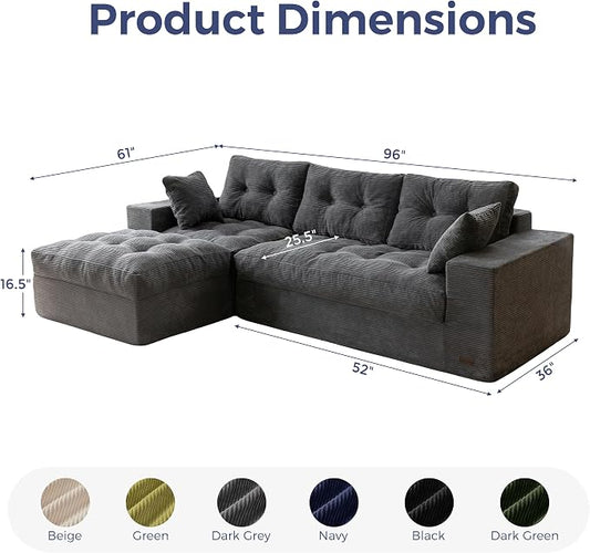 MAXYOYO 96" L Shaped Modular Sectional Sofa with Ottoman, Cloud Boneless Couch with Layered Cushion, Upholstered Sofa in a Box, Flexible Module Combination for Living Room, No Assembly, Dark Grey
