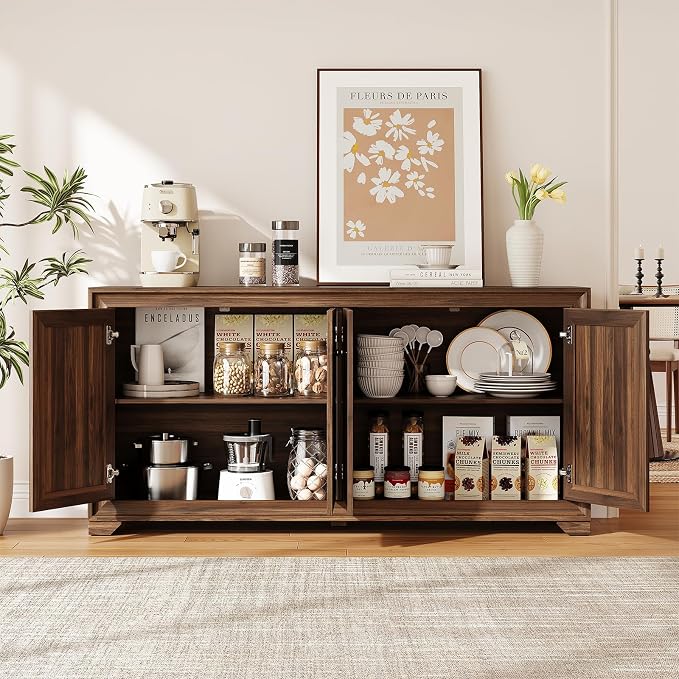 ONBRILL 60" Buffet Cabinet with Storage, 4 Doors Sideboard Buffet Cabinet with Adjustable Shelves, Modern Coffee Bar Console Table for Living Room, Kitchen, Entryway, Brown