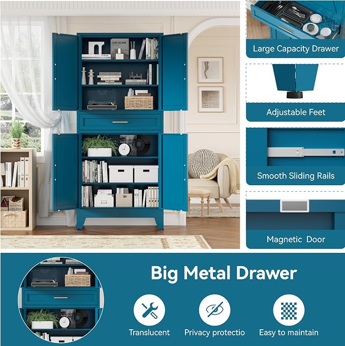 Metal Storage Cabinets with Drawer, 71" Filing Cabinet with 4 Adjustable Shelves & 4 Doors, Modern Abstract Rhombus Geometric Design File Cabinet for Home,Office,Garage,Shop,School, Blue