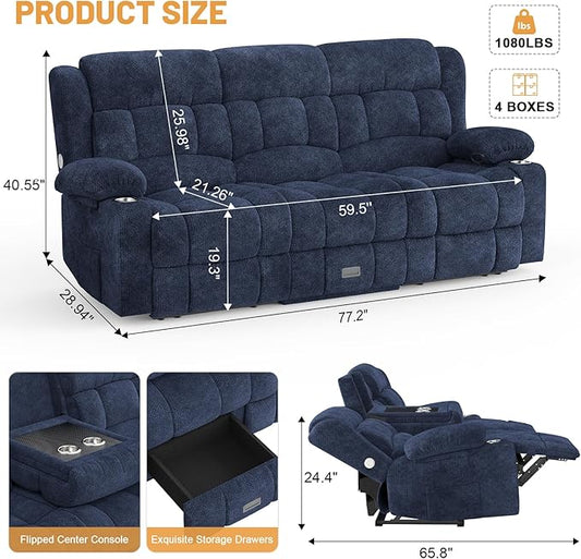 Dresegmt Loveseat Recliner Sofa, Flip Middle Backrest Design 3 Seat Reclining Sofa with Storage Drawer, USB Ports & Cup Holders, Manual Couch for Living Room/RV (Blue)