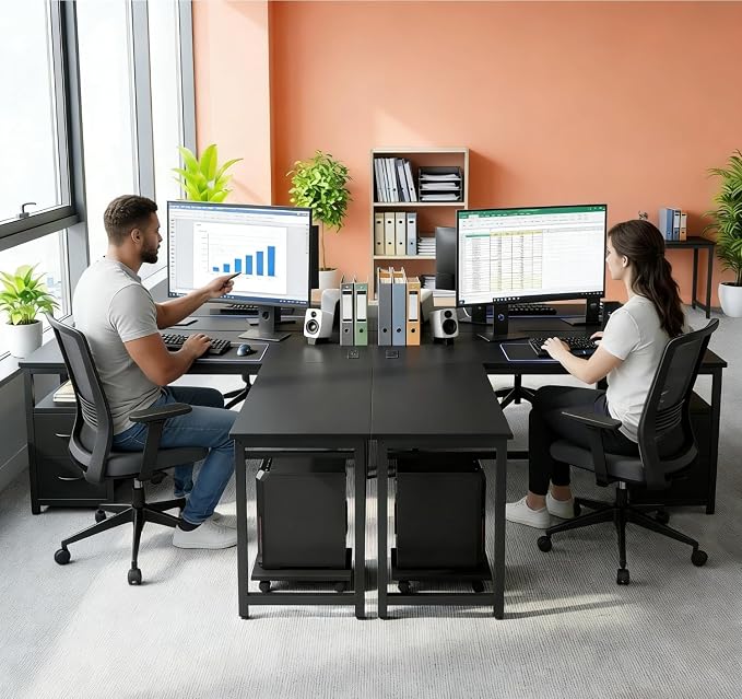 Gizoon 66 Inch L Shaped Desk with Power Outlets & Large Drawers, Reversible Corner Gaming Desk, Home Office Computer Workstation with CPU Stand, Black