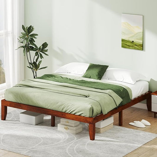 KOMFOTT 14 Inches Wood Platform Bed Frame King Size, Wooden Mattress Foundation with Rubber Wood Frame, Strong Wooden Slat Support, No Box Spring Needed, Bed Frame (Brown Cherry)