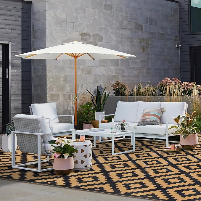 SAND MINE Reversible Mats, Plastic Straw Rug, Modern Area Rug, Large Floor Mat and Rug for Outdoors, RV, Patio, Backyard, Deck, Picnic, Beach, Trailer, Camping, Black & Brown, 10' x 14'