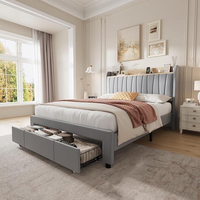 Garvee Queen Upholstered Platform Bed Frame with Storage Headboard, Drawers, Built-in Charging Station, Sturdy & Noise-Free, No Box Spring Needed, Easy Assembly, Grey