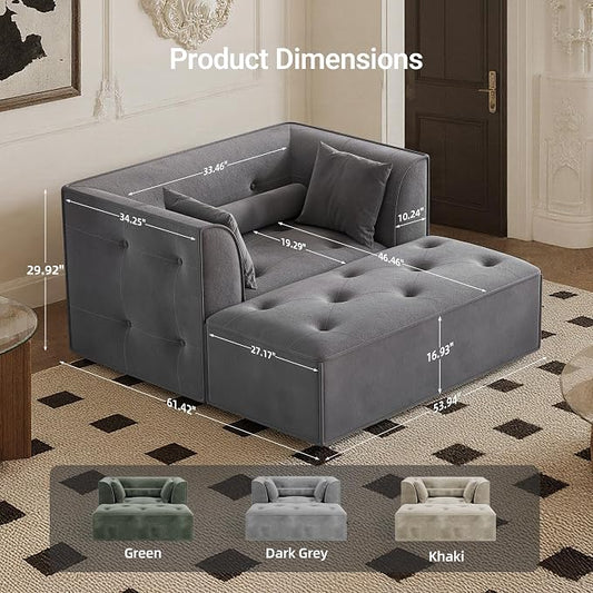 Claiks 62" Chaise Lounge Chair Indoor,Oversized Chaise Lounge for Living Room, Upholstered Boneless Chair Bed with Ottoman, Armrest and Pillows, Indoor Cloud Couch, Dark Gray