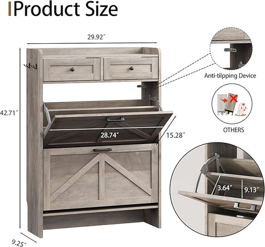 Shoe Cabinet with 2 Flip Drawers & 2 Top Drawers, 43" Tall Freestanding Narrow Wooden Shoe Storage Organizer for Entryway, Hidden Slim Shoe Rack for Front Door Entrance, Hallway, Living Room, Grey