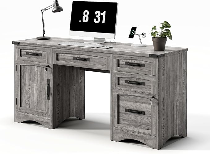 Decofy Farmhouse Executive Desk with Drawers, 55" Home Office Desks with Fast Charging Station, Lockable File Cabinet, Wood Writing Computer Desk for Work, Study, Grey