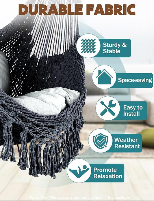 Chihee Hammock Chair Handmade Hanging Chair Cotton Rope Woven Hanging Seat Soft-Spun Large Stretch Hammock Swing, Collapsible Strong Metal Spreader Bar Elegant Macrame Comfort Indoor Outdoor Garden