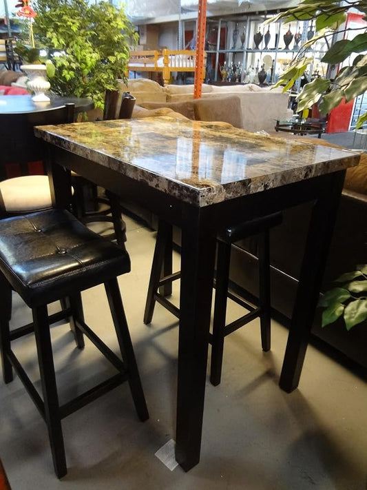 Roundhill Furniture 3-Piece Counter Height Glossy Print Marble Breakfast Table with Stools, brown