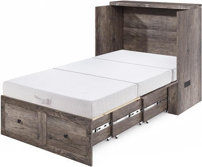LUXOAK Twin Murphy Bed with 6" Tri-Fold Memory Foam Mattress, Storage Drawer & Charging Station, Space-Saving Design for Home Office or Guest Room, Rustic Grey