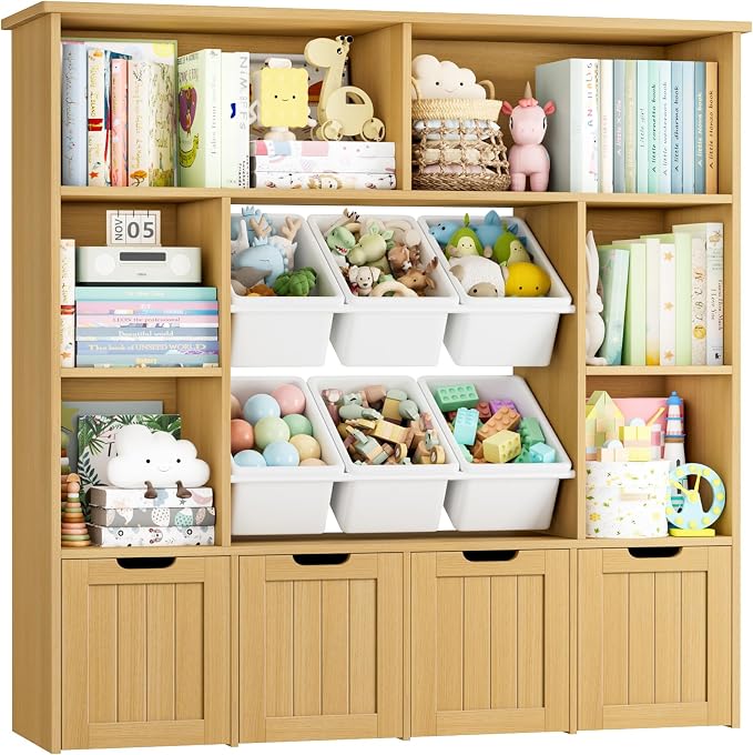 FINETONES Toy Storage Organizer with 6 Toy Bins, Large Toy Organizers and Storage with 4 Movable Drawers and 6 Storage Cubbies, Kids Toy Storage and Toy Chest for Playroom and Kids Room, Natural