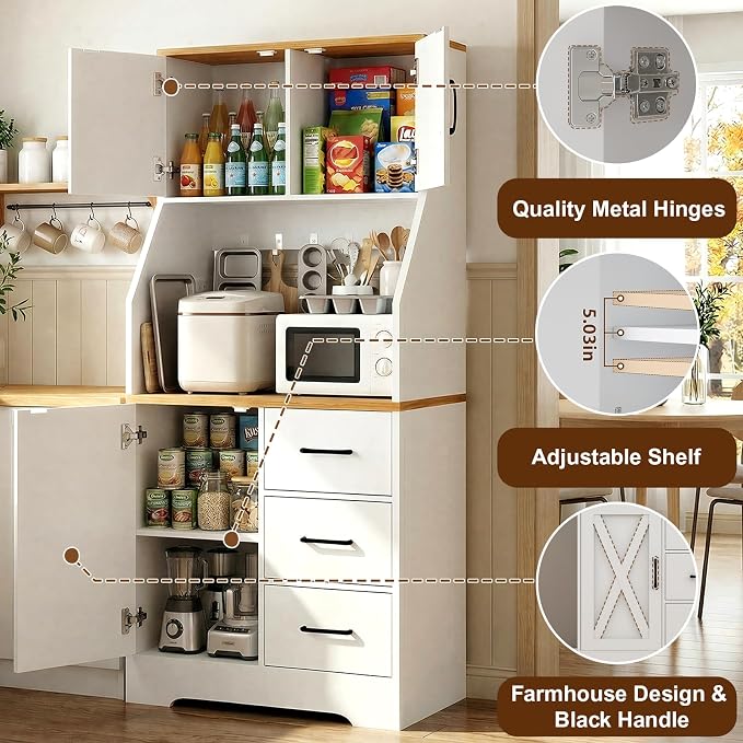 DreamDashio Pantry Cabinet with Adjustable Shelves and 3 Drawers, Tall Kitchen Pantry Storage Cabinet with LED Light & Charging Station, Kitchen Hutch with Microwave Shelf & 6 Hooks for Dining Room