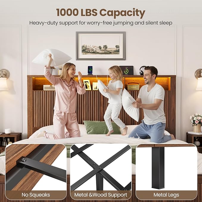 CypBed Queen Size Bed Frame with Headboard and Storage Drawers, Queen Bed Frame with LED Light and Charging Port, Farmhouse Wavy Wood Design, Wood & Metal Platform, Noise-Free, No Box Spring Needed