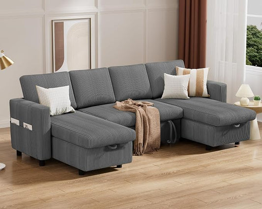 Vipbear 104" Sectional Sleeper Sofa Bed with Pull Out Bed, U Shaped Couch Pull Out Couch with Reclining Backrest, Reversible Storage Chaise, USB Ports, Tool-Free Assembly, Corduroy Grey