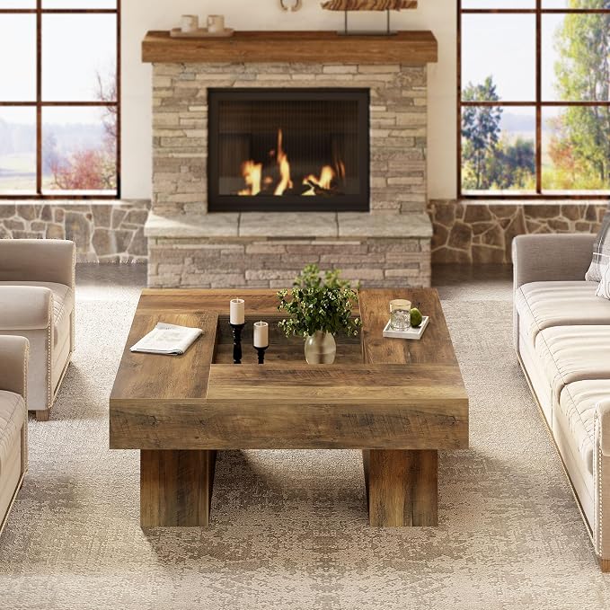 LVB Coffee Table, Modern Wood Led Living Room Table with Storage, Farmhouse Large Square Center Table with LED Light, Unique Wide Low Tea Table for Living Room Home Office, 39.37 Inch, Rustic Oak